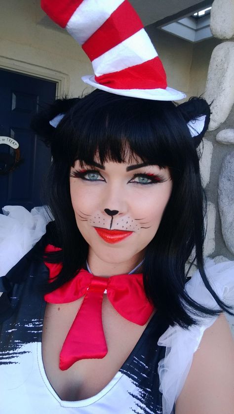 Cat In Hat Makeup, Cat In The Hat Face Makeup, Cat In The Hat Makeup Woman, Cat In Hat Costume, Cat In The Hat Makeup, Couples Fancy Dress, Seussical Jr, Cat Halloween Makeup, Halloween Makeup Diy