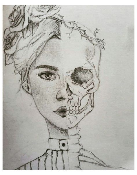 Skeleton Person Drawing, Face Skeleton Drawing, Half And Half Drawings Sketch, Drawing Skeleton Face, How To Draw Half A Face, Half Faces Sketches, Half Skull Half Face Art, Skeleton Face Sketch, Half Skull Face Drawing