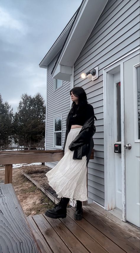 #maxiskirtoutfitsummer #alternativefashion #leatherjacketoutfit #midsizestyle #docmartensoutfits #springoutfitsforwomen Long Skirt Aesthetic, Maxi Skirt Outfit Summer, Thrift Manifest, Doc Martens Outfits, Skirt Aesthetic, Skirts Outfits, Midsize Style, Fire Flower, Dark Outfits