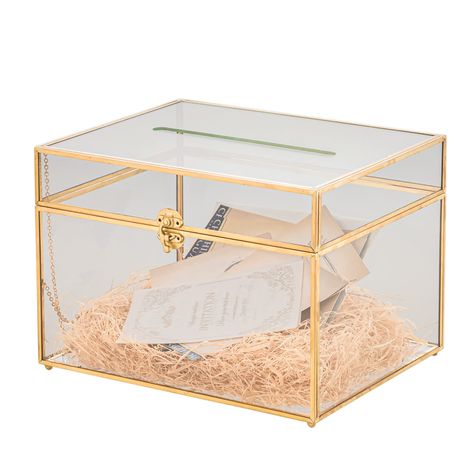 PRICES MAY VARY. This is a super large rectangle shape beautiful glass card box, with top slot It is great for centerpiece container on your table Size: 12 x 9.4 x 8.4 inches / 30.5 x 24 x 21.5cm , card slot 7.8 inches / 20 cm, It can hold up to 200pcs 4x6 inch cards It is also ideal for wedding cards box / envelop reception wishwell keepsake photo box Material: Glass, brass; Shape: rectangle shape with feet Terrarium only, Decoration are Not Included 1. This is a super large rectangle shape bea Wedding Card Box Ikea Greenhouse, Glass Wedding Card Box, Gold Card Box, Gold Centerpiece, Party Reception, Gold Centerpieces, Envelope Box, Large Wedding, Geometric Terrarium