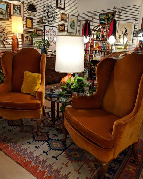 Wingback Chair Bedroom, Orange Wingback Chair, Wingback Chair Boho Living Room, Wingback Chair In Bedroom, Yellow Wingback Chair, Wingback Chair Fireplace, Orange Velvet Armchair, Orange Velvet Chair Living Room, Styling Wingback Chairs