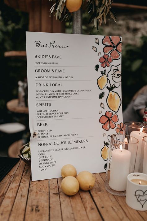 DIY wedding drinks menu with a flower and lemon design Cocktail Hour Menu Ideas, Drink Signs For Wedding, Event Menu Design, Drinks Menu Design, Drinks Menu Wedding, Cocktail Menu Wedding, Layered Tulle Wedding Dress, Drink Menu Wedding, French Details