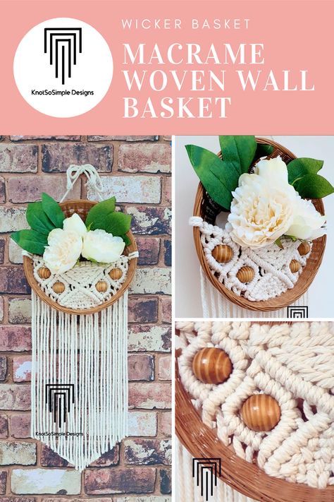 Vintage wicker basket plus macrame knot equals unique wall hanging Macrame Wall Basket, Macrame Basket, Vintage Wicker Baskets, Wall Basket, Macrame Knot, Vintage Wicker, Macrame Tutorial, Wicker Basket, Baskets On Wall