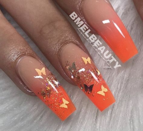 Neon Nails Acrylic Design, Orange Nails With Butterflies, Orange Butterfly Nail Designs, Neon Nails Glitter, Neon Butterfly Nails, Orange Ombre Nails With Design, Butterfly Summer Nails, Dream Nails Acrylic, Orange Coffin Nail Ideas