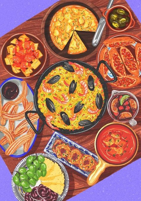 Spanish Dinner Table, Table Full Of Food, Traditional Spanish Dishes, Spanish Dinner, Spain Food, America Food, Spanish Tapas, Spanish Cuisine, Food Illustration Art