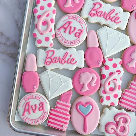 Come on Ava let’s go party! 🩷💅🏼💎💄 . . . . #decoratedcookies #sugarcookies #customcookies #barbie #barbiecookies #barbiegirl… | Instagram Barbie Themed Cookies, Barbie Cookie Ideas, Barbie Party Cookies, Barbie Marathon, Barbie Treats Party Ideas, Barbie Themed Decorated Cookies, Barbie Birthday Cookies, Come On Barbie Lets Go Party, Barbie Cookies Birthdays