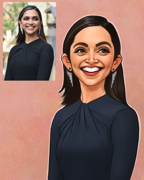 Cartoon style digital portrait / caricature illustration of beautiful bollywood actress Deepika Padukone Digital Caricature Illustrations, Character Design In Illustrator, Deepika Padukone Portrait, Digital Painting Ideas, Stylised Portrait, Cartoon Making, Fortnite Emotes, Portrait Illustration Art, Caricature Tutorial