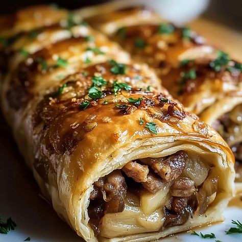 French Onion Roll-Ups | Savory Beef & Caramelized Onions French Onion Rolls, Beef Wellington Crescent Roll, Italian Beef Roll Ups, Stuffed French Bread Ground Beef, Stuffed Beef Tenderloin Recipes, Beef Rollups, Rolled Beef, French Onion Grilled Cheese, Flank Steak Rolls