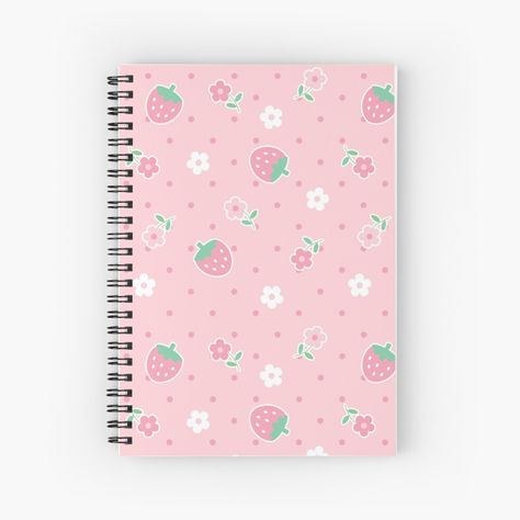 Get my art printed on awesome products. Support me at Redbubble #RBandME: https://www.redbubble.com/i/notebook/Strawberries-Pink-Flowers-Dots-Kawaii-Cute-Pastel-by-candymoondesign/54898117.WX3NH?asc=u Cute Pink Stationary, Strawberry School Supplies, Kawaii Notebook Cover, Kawaii School Supplies Notebooks, Cute Notebooks Aesthetic, Kawaii Stationery Notebooks, Pink School Supplies, Life Script, Pastel Journal