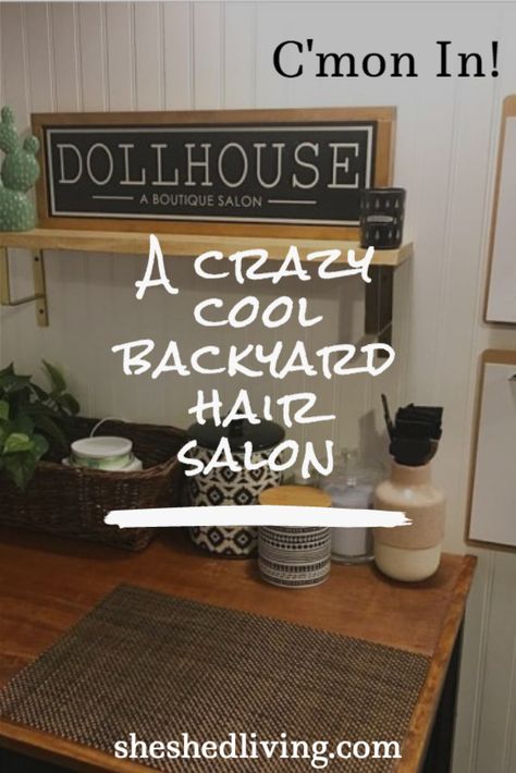 Ideas For Hair Salons Decorating, Tiny Hair Salon Ideas, Shed Salon Ideas Backyard Studio, Salon Shed Backyard Studio, Tiny House Salon, Mobile Hair Salon Ideas, Shed Hair Salon Ideas, Shed Hair Salon, Salon Shed Ideas