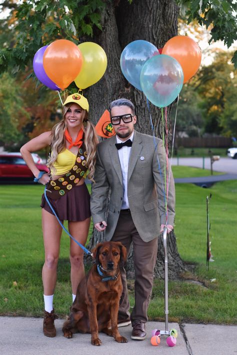 Up Carl And Russell, Up Halloween Costume With Dog, Russel Up Costume Diy, Up Costume Ideas Russell, Up Movie Halloween Costume Couple, Carl And Russell Costume Couple, Homemade Space Costumes, Dug From Up Costume Diy, Movie Up Costume Ideas