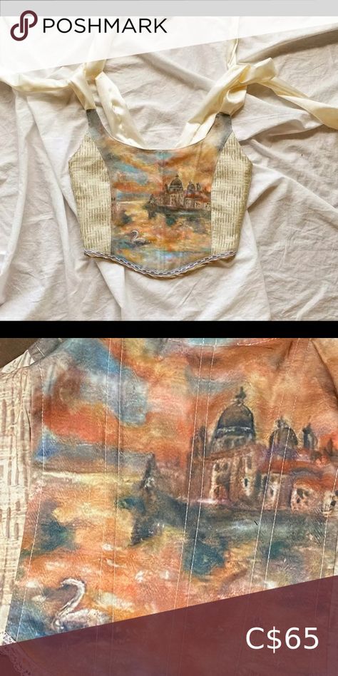 Oil painting corset top Hand Painted Corset, Painting Corset Top, Corset Painting, Painting Corset, Painted Corset, Focus Ideas, Greek Paintings, Tie Sleeve, Corsets