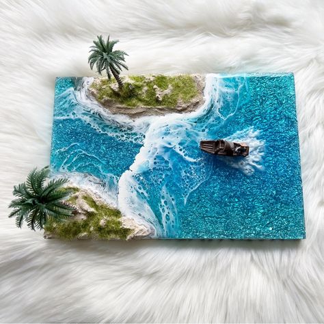 Bring Home A Little Piece Of The Ocean Today With This Tropical Seascape Plaque. Featuring A Shimmering Sea Floor, 3d Landscaping, And A Mini Boat On An 8” X 12” Cradled Wood Panel. Comes Ready To Hang. 3d Beach Painting, Boat Decor, Sea Decor, Resin Art Painting, Wave Art, Textured Canvas Art, Ocean Themes, Beach Painting, Canvas Texture