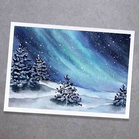 Beginner Watercolor Holiday Card Tutorial - Winter Scene | KINGART Winter Watercolor Tutorials, Winter Watercolor Paintings Easy, Winter Watercolor Simple, Watercolor Winter Scenes, Northern Lights Watercolor, Dip Ideas, Winter Scene Paintings, Beginner Watercolor, Watercolor Painting Tutorial