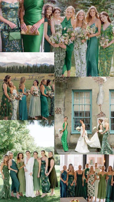 Bridal party Green Pallet Bridesmaid Dresses, Emerald Green Bridesmaid Dresses Spring, Dark Green Mismatched Bridesmaid Dresses, Kelly Green Bridesmaid Dresses, Color Scheme Clothes, Mixed Green Bridesmaid Dresses, Green Bridesmaid Dresses Mismatched, Black Tie Optional Wedding Guest, Bridesmaid Palette