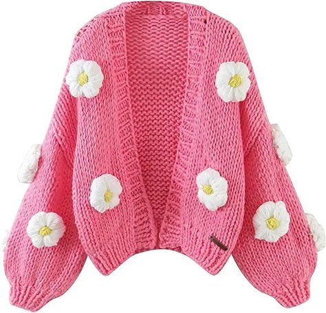 Women Button Down Sweater V Neck Cable Knit Crop Cardigan Cute Oversized Jumper Pullover Top Aesthetic Clothes sweatshirt. Grab Yours now! Cardigan Rosa, Crochet Cardigan Sweater, Pull Rose, Flower Sweater, Cotton Polyester Fabric, Sweater Season, Knitting Women Cardigan, Trendy Dress, Bishop Sleeve