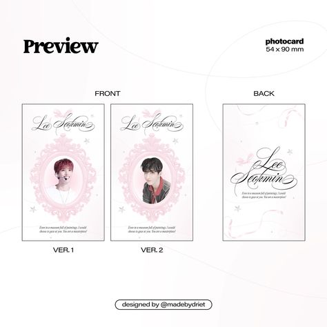 🩰🤍🫧 photocard size: 54 x 90 mm . designed by driet 🍮 Fancy Photocard Template, Photocard Back Design Template, Photocard Backside Design, Birthday Kpop, Photocard Back Design, Photocard Design, Moodboard Pink, Kpop Photocards Packaging, Kpop Design