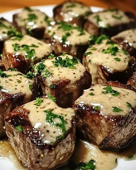 Tender Steak Bites in Garlic Butter with Creamy Parmesan Sauce - Miarecipes Sauce For Steak Bites, Steak Bites Dinner Ideas, Garlic Steak Bites, Garlic Butter Steak Bites, Butter Steak Bites, Steak Bites Recipe, Garlic Steak, Creamy Parmesan Sauce, Butter Steak