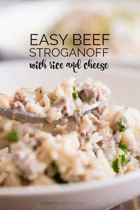 Beef Stroganoff With Rice, Hamburger Stroganoff Recipe, Easy Mushroom Soup, Easy Beef Stroganoff, Ground Beef Rice, Beef Stroganoff Easy, Ground Beef Stroganoff, Cheese Rice, Recipes Beef