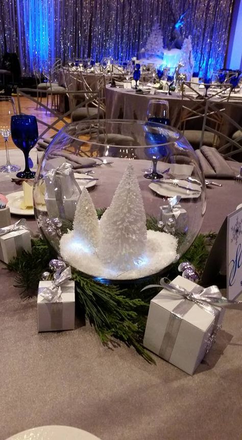 Winter Formal Centerpieces, Winter Theme Party Centerpiece, Winter Wonderland Quinceanera Centerpieces, Winter Ball Centerpieces, Formal Christmas Party Table Centerpieces, Winter Wonder Land Centerpieces, Snowglobe Centerpiece Wedding, Simple Winter Wonderland Decorations, Winter Formal Table Centerpieces