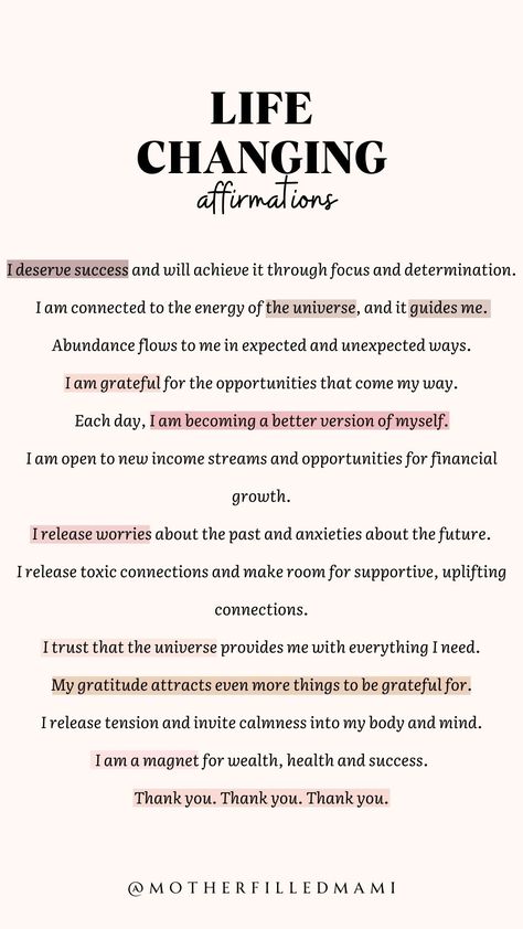 Here are a few life changing affirmations to change your life for the better. We truly do have the power to create a happier life for ourselves. #thankyou #prayer #faith #positiveaffirmations #affirm #affirmations #iamaffirmations #dailyaffirmation #growing #healing #understanding #selflove #selfacceptance #positivity #stayfocused #motivation #inspiration #Motivationa #getup #believeit #receiveit #positiveselftalk #selfcare #positivethinking Affirmation For Change, Upgrading Your Life, Boss Lady Affirmations, Affirmations For Change, Change Affirmations, Life Changing Affirmations, Positive Daily Affirmations, Affirmations Confidence, Motivation Affirmations