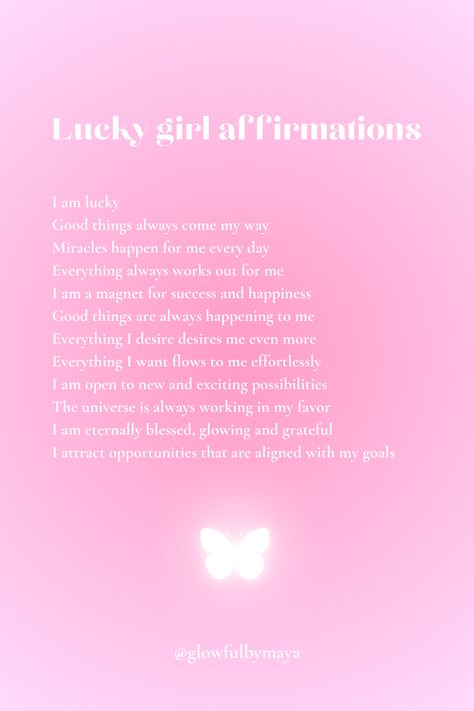 Lucky girl affirmations by glowfulbymaya - lucky good things miracles magnet success happiness desires flows effortlessly new exciting possibilities eternally blessed glowing grateful attract opportunities aligned goals [positivity grateful motivational happiness self love lucky girl syndrome] Happy Birthday Affirmations, Good Luck Affirmations, Makeup Affirmations, Lucky Girl Affirmations, Lucky Affirmations, Magnetic Affirmations, Lucky Girl Syndrome Affirmation, Inspirational Captions, Attract Opportunities