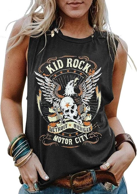 Rock Skeleton, Music Shirts, Graphic Tee Style, Sweet Clothes, Eagle Print, Middle Age Fashion, Tank Top For Women, Vintage Rock, Summer Tank Tops