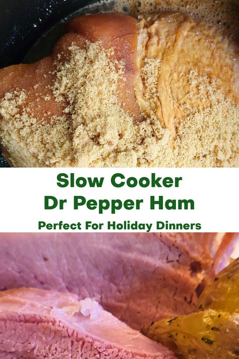 Looking for a delicious and easy ham recipe for your next family dinner or holiday gathering? Try our Slow Cooker Dr Pepper Ham! Made with just a few simple ingredients and cooked to perfection in your slow cooker, this ham is juicy, tender, and full of flavor. Pin it now to save for later! Perfect for Easter Dinner, Thanksgiving Dinner, or Christmas dinner. Ham With Dr Pepper Brown Sugar, Dr Pepper Crock Pot Ham, Smoked Ham Roast Recipes Crock Pot, Crockpot Dr Pepper Ham, Dr Pepper Ham Crockpot, Dr Pepper Ham, Country Ham Recipes, Recipes With Cooked Ham, Cooking Ham In Crockpot