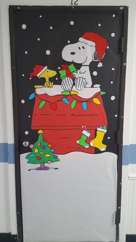 Charlie Brown Bulletin Board Ideas Snoopy Christmas, Snoopy Halloween Classroom Door, Christmas Door Decorations Charlie Brown, Snoopy Fall Classroom Door, Peanuts Christmas Classroom Door, Holiday Teacher Door Decorations, Snoopy Classroom Door Christmas, Peanuts Classroom Door, Charlie Brown Christmas Door Decorations For School