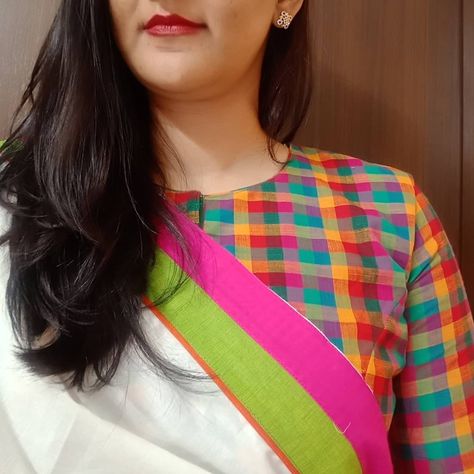 Fully stitched multicoloured chettinad checks blouse. Can be paired perfectly with any plain handloom saree. Size 34 to 42.  For orders and… Checks Blouse Designs For Saree, Checks Blouse Designs, Checked Blouse Designs, Check Saree, Hairstyle Indian, Brocade Blouse Designs, Kalamkari Blouse, Stylish Blouses, Saree Ideas