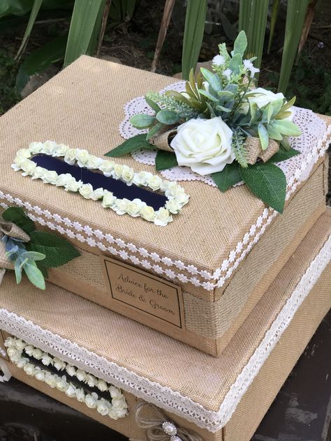 Advice for the bride and groom rustic card box Quince Card Box Ideas, Wedding Gift Boxes For Guests, Card Box Ideas Diy, Wedding Card Gift, Card Box Ideas, Green Quinceanera Theme, Dusty Rose Wedding Colors, Advice Box, Wedding Gift Card Box