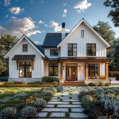 County Side House, Modern House Design Exterior 1 Story, Modern Country Home Outside, Ranch Style Farmhouse Exterior, Modern Farmhouse Two Story, Modern One Story House Exterior, Modern Cottage Homes Exterior, One Story House Exterior, Vintage Farmhouse Exterior