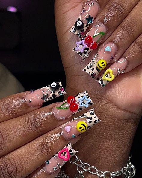 This junk nail set ate uppppp😮‍💨🤩 #nailtech #nailinspiration #inspo #houstontx #houstonnails #houstonnailtech #explore #junknails #ate #beginner #cheetahprint #y2k #y2knails Junk Yard Nails, Birthday Nail Inspo Acrylic, Junk Nails, Hard Nails, Different Nail Designs, Dope Nail Designs, Short Square Acrylic Nails, Nail Sets, Long Square Acrylic Nails