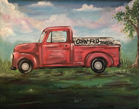 Original Acrylic on canvas 16x20 Old Red Truck #oldredtruck #redtruck #acrylicpainting #art #painting #truckart #designsbykarencrews #soulshinedesigns Taxi Painting, Beer Bottle Cap Crafts, Truck Painting, Old Red Truck, Truck Crafts, Christmas Lodge, Vintage Clipart, Barn Painting, Old Truck