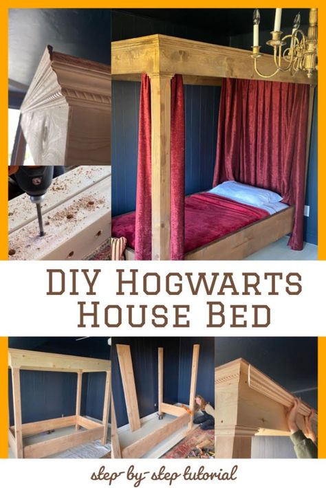 How to Build a Hogwarts House Style Bed - buildsbykristen.com Harry Potter Headboard Ideas, Harry Potter Loft Room, Harry Potter Four Poster Bed, Harry Potter Curtains Bedroom, Harry Potter Boys Room, Hogwarts Lessons, Harry Potter Room Ideas Diy, Harry Potter Bedroom Ideas, Harry Potter Kids Room