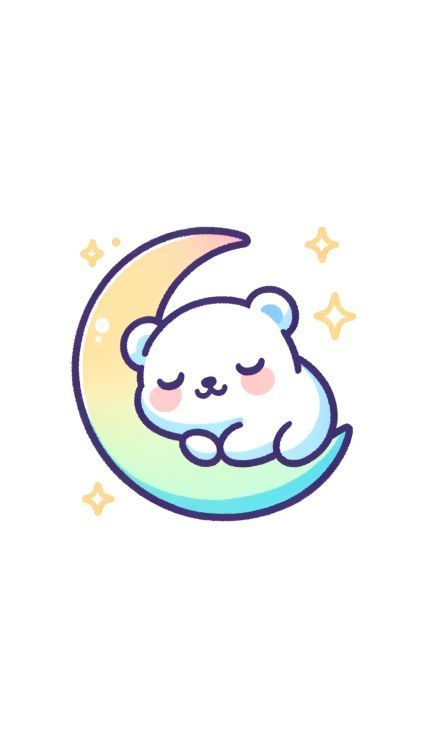 For a ‘Sleeping Polar Bear Cub’, depict a fluffy bear cub nestled comfortably on a crescent moon. Begin with the moon’s curve, then add a rounded bear atop, it’s form-fitting the moon’s shape. Illustrate closed, peaceful eyes, a tiny nose, and a soft smile. Surround the scene with small stars to enhance the dreamy nighttime feel. Polar Bear Kawaii, Cute Polar Bear Drawing, Polar Bear Drawing, Polar Bear Cartoon, Soft Smile, Nice Drawings, Wallpaper Preppy, Fluffy Bear, Tiny Nose