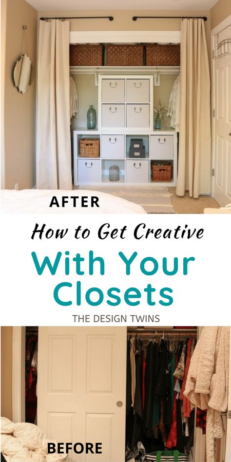 Creative ideas to make the most of your closets to optimize, organize & declutter your home. Step-by-step closet transformation. Closet Organization Ideas Before And After, Quick Closet Solutions, Open Room Closet Ideas, Doorless Wardrobe Ideas, Closet Door Drapes, Bedroom Without A Closet Ideas, Turn Closet Into Storage Space, Open Closet Covering Ideas, Walk In Closet Without Doors