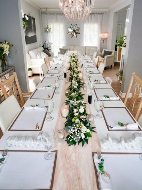 Party Decorations Table, Vibrant Wedding, White Tablecloth, Faux Leaf, Decorations Table, Table Arrangement, White Napkins, White Table Cloth, Candles Holders