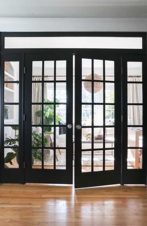 Black French Doors Interior, French Doors Black, Painted French Doors, Office French Doors, Black French Doors, White French Doors, Barn Remodel, Antique French Doors, Black Interior Doors