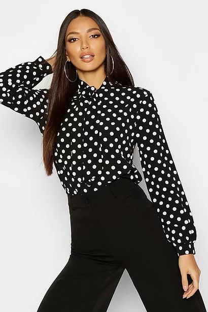 Black Polka Dot Blouse Outfit, Top Inspiration, High Neck Blouse, Womens Apparel, Polka Dot Fabric, High Neck Top, Pastel Hues, Fun Fashion, Blouse Outfit