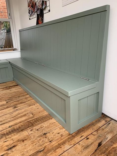 Painted Banquette Seating, Banquet Bench Seating, Bench Booth Seating, Green Kitchen Bench, Corner Banquette Seating Dining Room Farmhouse, Bonket Seating Dining Room, Green Banquette Seating, Dining Booths In Homes, Bar Bench Seating