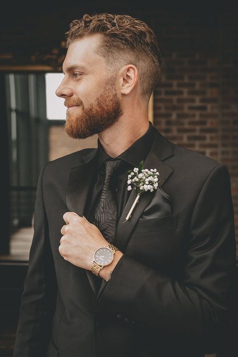 Dark Wedding Mens Attire, Unique Black Groom Suit, Groom With Beard, Men’s Black Wedding Attire, Non Traditional Groom Suit, All Black Suits Wedding, Dark Wedding Groom, All Black Grooms Suit, Black On Black Groom Suit