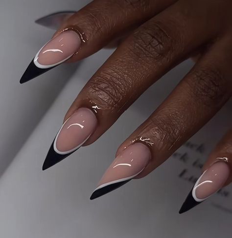 Black French Tip Inspo Nails, White French Design Nails Almond, White Almond French Tip Nails Design, French Gel X Nails Almond, French Tips Black And White, Pointy Black French Tip Nails, French Tips For Wedding, Black With White French Tip Nails, Thick French Tip Almond