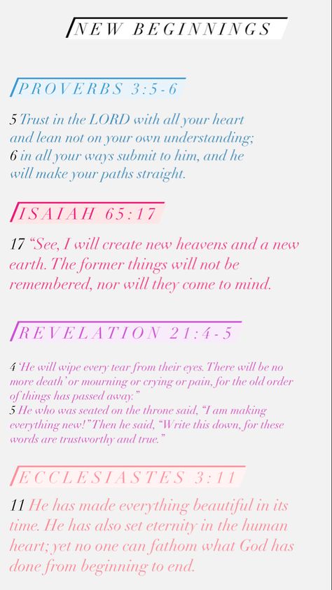 New Beginnings Scripture, Scripture For New Beginnings, Bible Templates, Pink Bible, Womens Bible, God 1st, Positive Reminders, Aesthetic Christian, Comforting Bible Verses