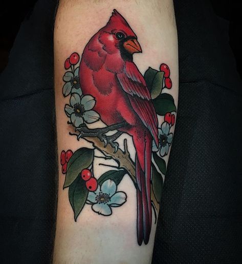 Cardinal Neotraditional Tattoo, Neo Traditional Cardinal Tattoo, Cardinal Tattoo Traditional, Cardinal Reference, Tennessee Tattoo, Nature Sleeve, Bird Tattoo Sleeves, Winter Tattoo, Memorial Tattoo Quotes