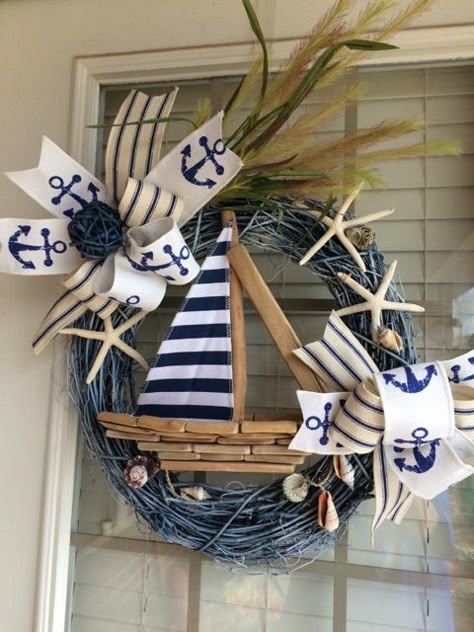 Sailboat Wreath, Nautical Wreath, Beach Wreath, Anchor Wreath, Spring Wreath, Summer Wreath Nautical Home Decorating, Anchor Wreath, Decor Marin, Deco Marine, Coastal Wreath, Cottage Wreath, Nautical Wreath, Nautical Crafts, Nautical Christmas