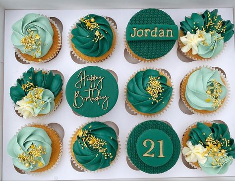 Shades Of Green Cupcakes, Green Birthday Cupcakes Ideas, Dozen Cupcake Designs, Green Buttercream Cupcakes, Cupcakes For Mens Birthday Ideas, Dark Teal Cupcakes, Green And Gold Cupcakes Wedding, Forest Green Cupcakes, Teal Cupcakes Birthday