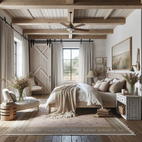 An antique rug rest underneath the bed. A pair of barn doors, painted in pastel colors, serve as closet doors. On either side of the bed, stands a rustic nightstand, each holding a minimalist table lamp. A shabby-chic armchair and a repurposed wooden crate serving as a side-table occupy a cozy corner next to a large window draped with sheer curtains. There's a bunch of wildflowers in a clear glass vase on the window sill, adding a touch of freshness to the room. Farmhouse Modern Bedroom Ideas, Beams Ceiling Bedroom, Modern Cottage Interior Bedrooms, Italian Farmhouse Bedroom, Rustic Cozy Bedroom, Rustic Modern Bedroom, Modern Country Bedrooms, Modern Cottage Interior, Rustic Bedroom Inspiration