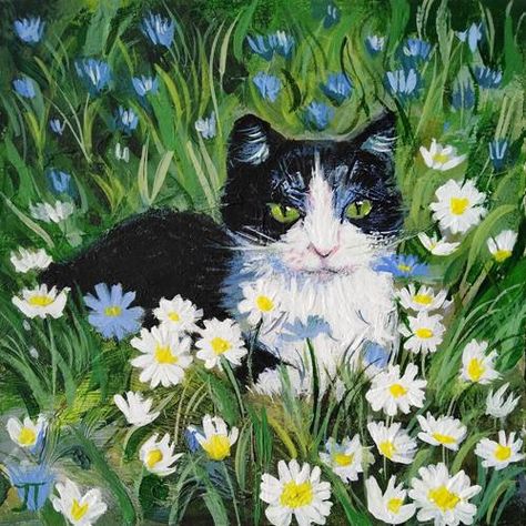 Chamomile Painting, Acrylic Painting Cat, Cat In Flowers, Tuxedo Cat Art, Painting Daisy, Cat Art Painting, Cat Paintings, Painted Cat, Flowers Daisy