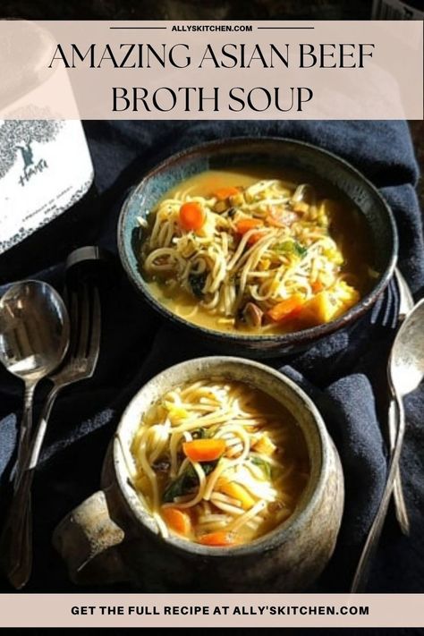 Overhead shot of Asian beef broth soup in bowls. Bone Broth Noodle Soup, Beef Bone Broth Soup, Broth Noodle Soup, Beef Broth Soup, Beef Broth Soup Recipes, Bone Broth Soup Recipes, Beef Soup Bones, Bone Broth Soup, Broth Soup